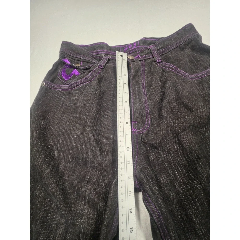 MGI Mega Jean Urban Streetwear Black Denim Jeans Purple Embroidery W36 L34